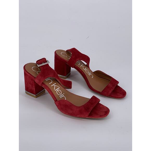 CALVIN KLEIN Women's Red Faux-Suede Open Toe Block-Heel Ankle Strap Sandals SZ 7 - Picture 3 of 9